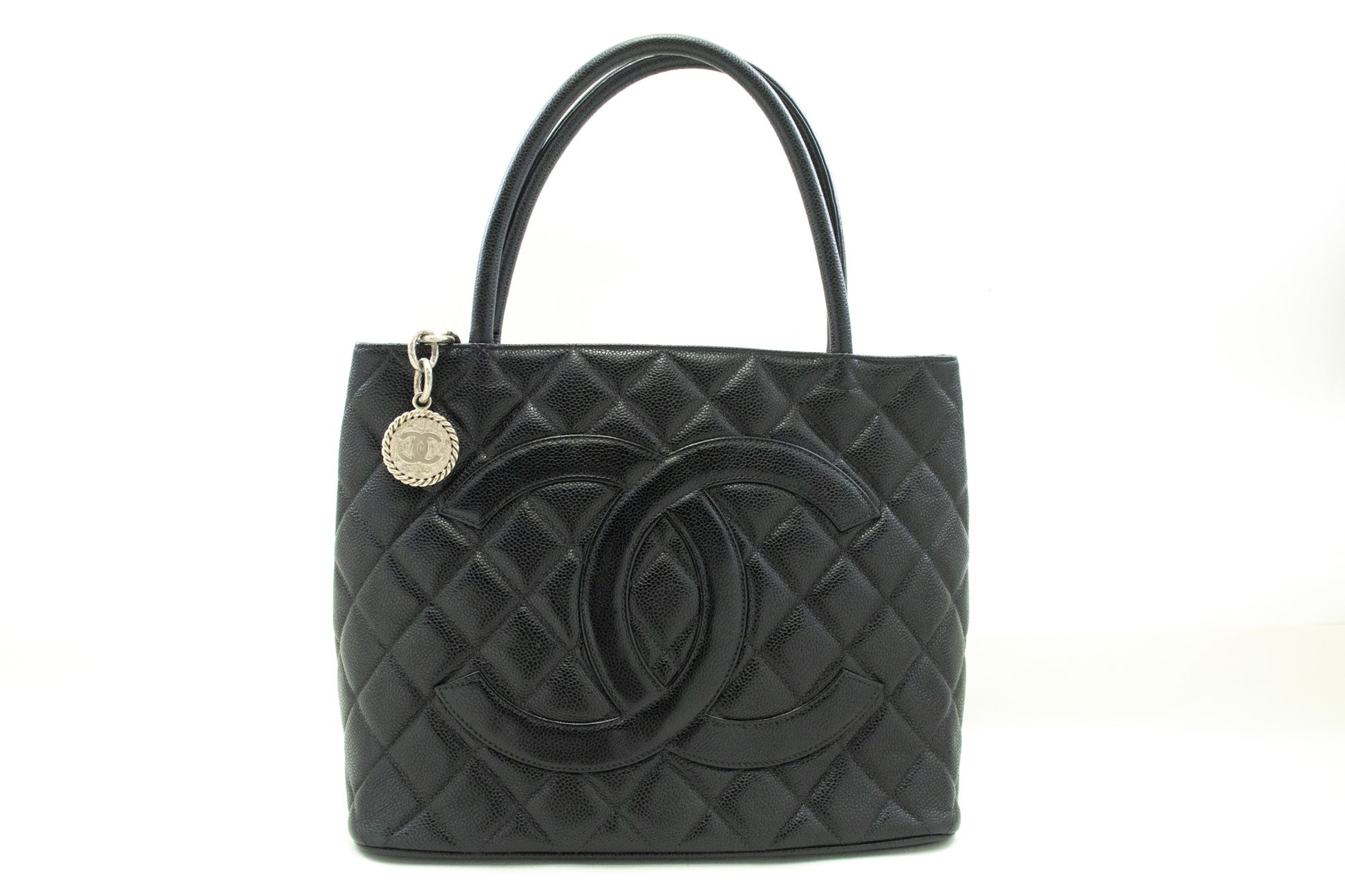 CHANEL Silver Medallion Caviar Schoudertas Winkel Tote Zwart SV n42 hannari-shop