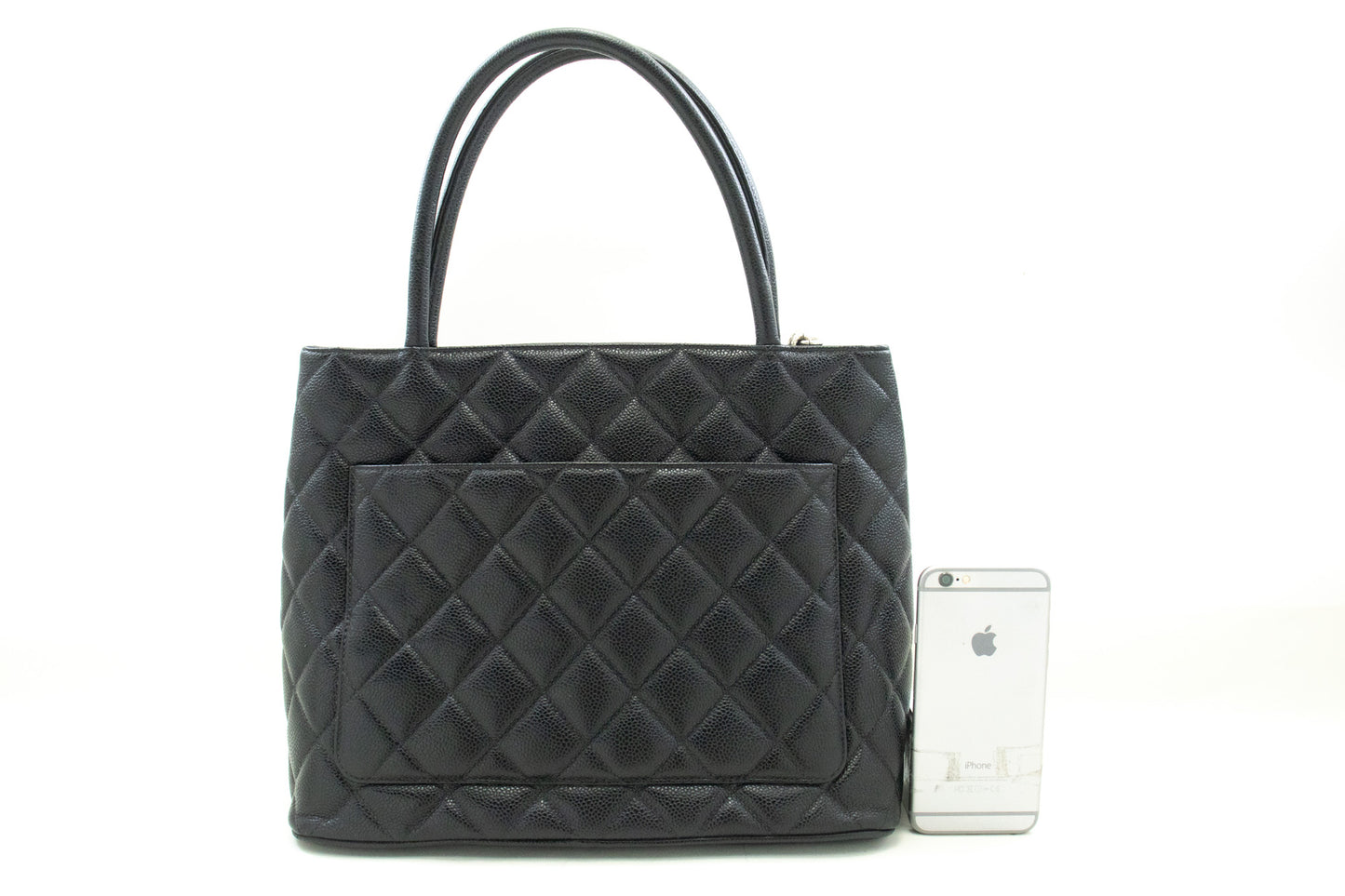 CHANEL Silver Medallion Caviar Schoudertas Winkel Tote Zwart SV n42 hannari-shop