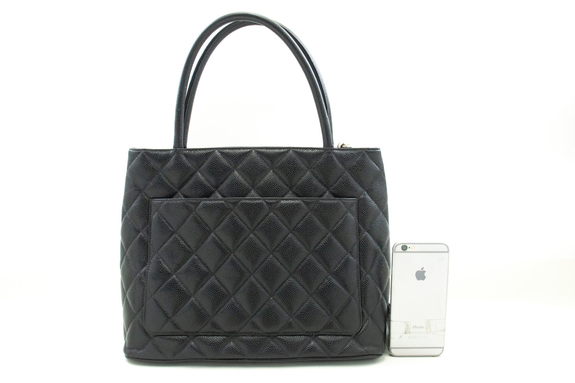 CHANEL Silver Medallion Caviar Schoudertas Winkel Tote Zwart SV n42 hannari-shop