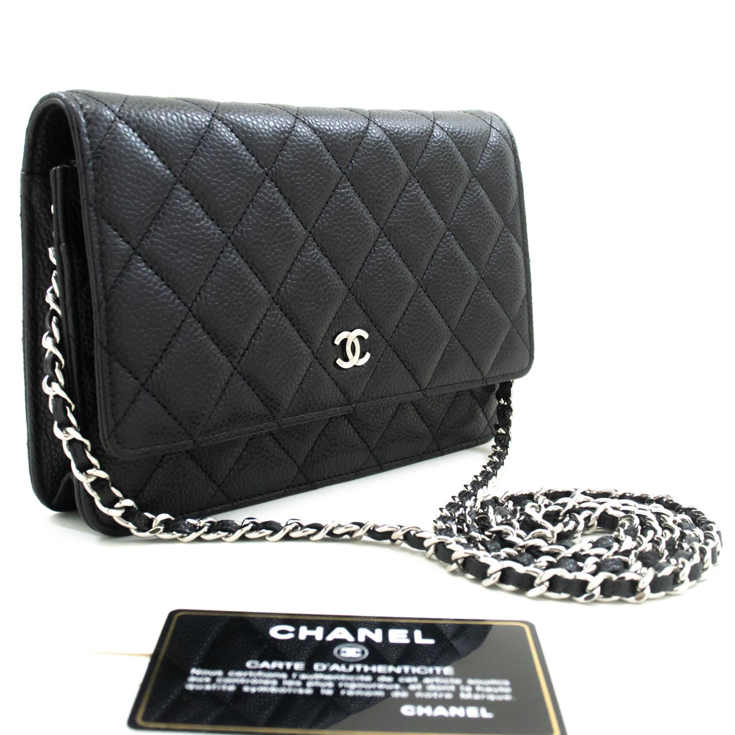 CHANEL Portemonnee Op Ketting WOC van Gegranuleerd Kalfsleer Zwarte Schoudertas p60 hannari-shop