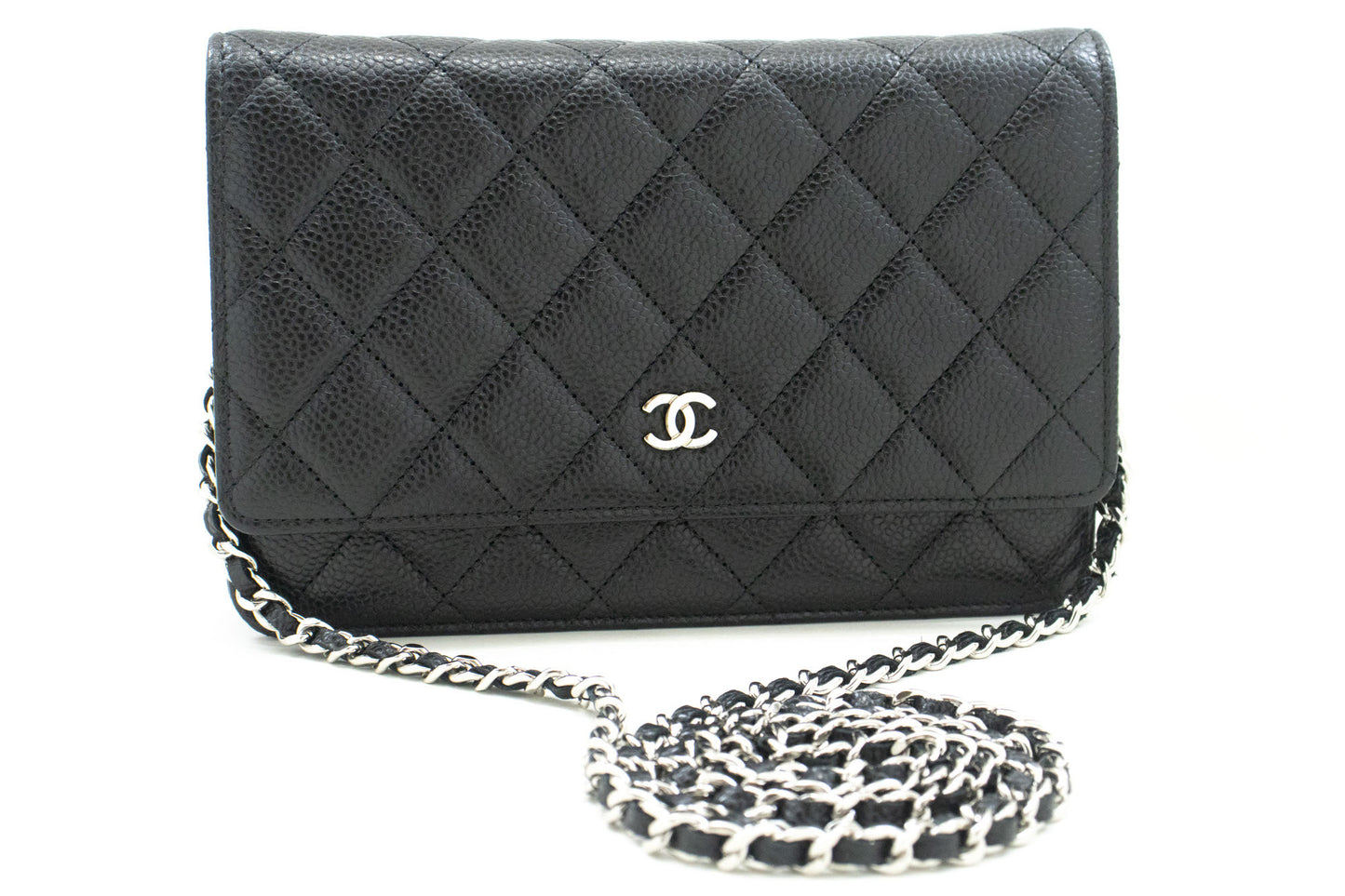 CHANEL Portemonnee Op Ketting WOC van Gegranuleerd Kalfsleer Zwarte Schoudertas p60 hannari-shop