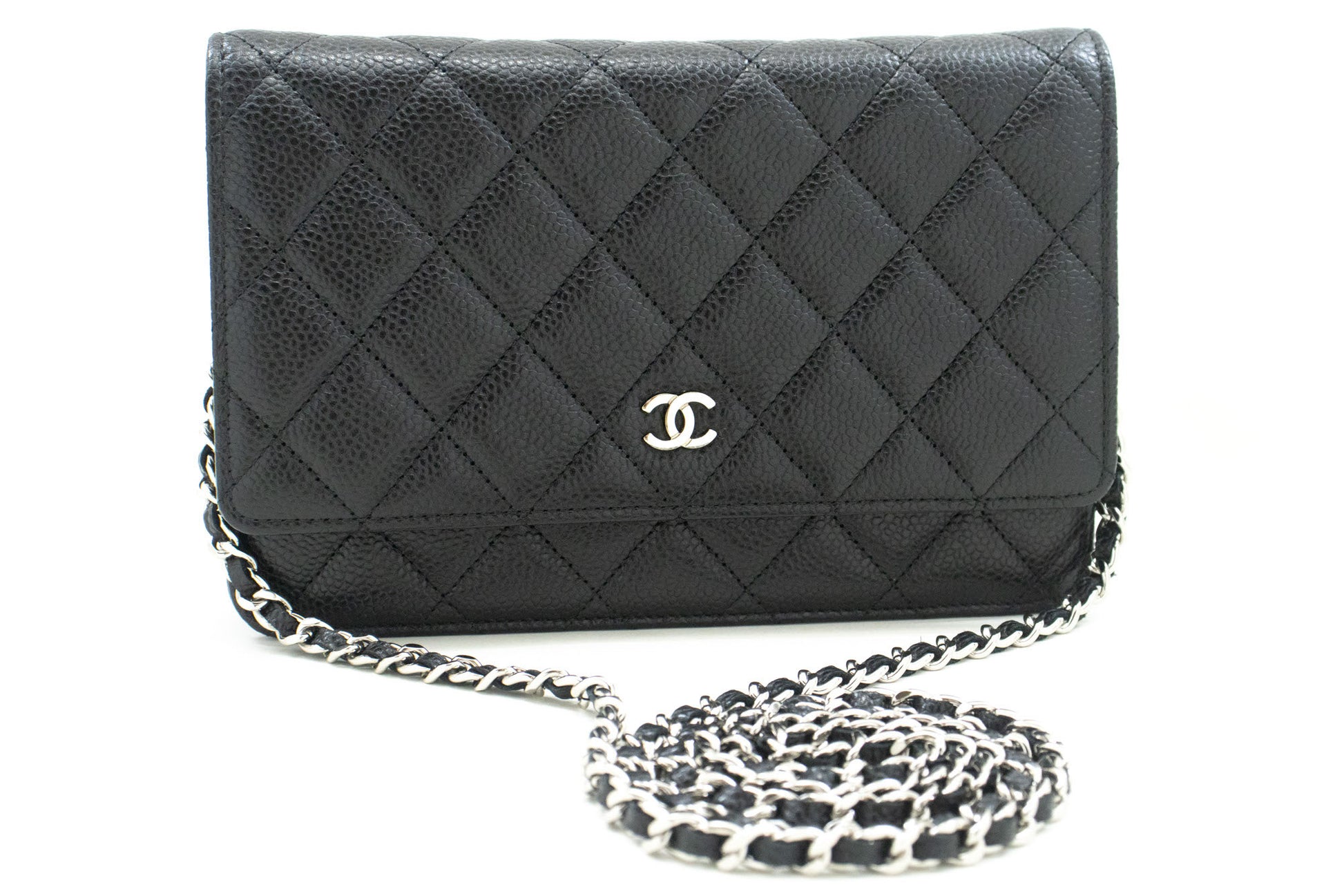 CHANEL Portemonnee Op Ketting WOC van Gegranuleerd Kalfsleer Zwarte Schoudertas p60 hannari-shop