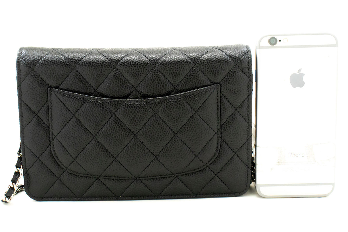 CHANEL Portemonnee Op Ketting WOC van Gegranuleerd Kalfsleer Zwarte Schoudertas p60 hannari-shop