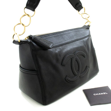 CHANEL Grained Calfskin Gold Chain Shoulder Bag Black Leather Zip p94 hannari-shop