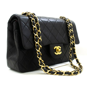 CHANEL Classic Double Flap 9" Chain Shoulder Bag Black Lambskin p88 hannari-shop