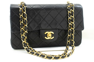 CHANEL Classic Double Flap 9" Chain Shoulder Bag Black Lambskin p88 hannari-shop