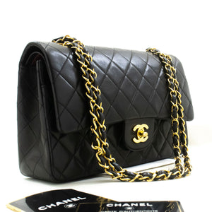 CHANEL Classic Double Flap 10" Chain Shoulder Bag Black Lambskin p77 hannari-shop