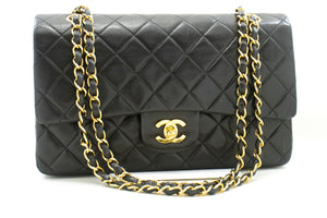 CHANEL Classic Double Flap 10" Chain Shoulder Bag Black Lambskin p77 hannari-shop