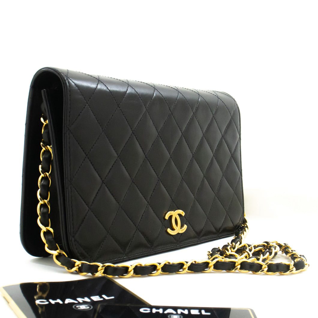 CHANEL Full Flap Chain Shoulder Bag Clutch Black Quilted Lambskin p74 hannari-shop
