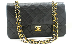 CHANEL Classic Double Flap 10" Chain Shoulder Bag Black Lambskin p87 hannari-shop