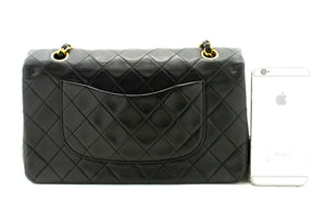 CHANEL Classic Double Flap 10" Chain Shoulder Bag Black Lambskin p87 hannari-shop