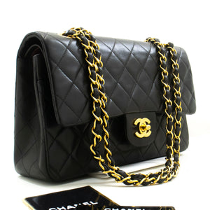 CHANEL Classic Double Flap 10" Chain Shoulder Bag Black Lambskin p82 hannari-shop