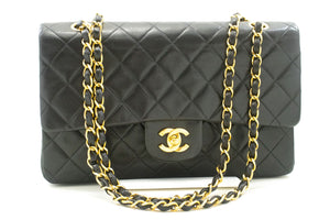 CHANEL Classic Double Flap 10" Chain Shoulder Bag Black Lambskin p82 hannari-shop