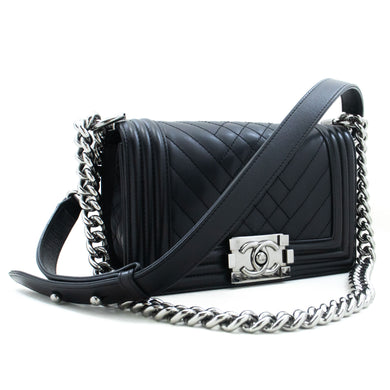 CHANEL Small Boy Chain Shoulder Bag Black Quilted Flap Calfskin p93 hannari-shop