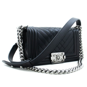 CHANEL Small Boy Chain Shoulder Bag Black Quilted Flap Calfskin p93 hannari-shop