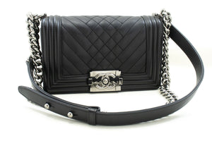 CHANEL Small Boy Chain Shoulder Bag Black Quilted Flap Calfskin p93 hannari-shop