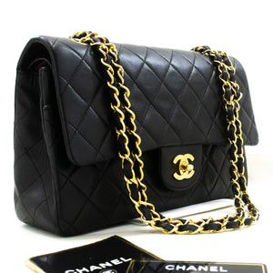 CHANEL Classic Double Flap 10" Chain Shoulder Bag Black Lambskin p84 hannari-shop