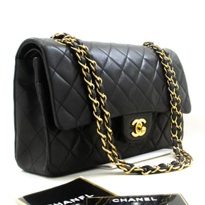 CHANEL Classic Double Flap 10" Chain Shoulder Bag Black Lambskin p81 hannari-shop