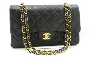 CHANEL Classic Double Flap 10" Chain Shoulder Bag Black Lambskin p81 hannari-shop