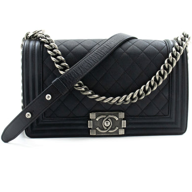 CHANEL Boy Grained Calfskin Chain Shoulder Bag Black Quilted Flap p96 hannari-shop