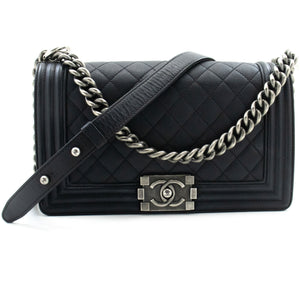 CHANEL Boy Grained Calfskin Chain Shoulder Bag Black Quilted Flap p96 hannari-shop