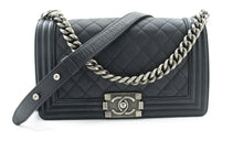 CHANEL Boy Grained Calfskin Chain Shoulder Bag Black Quilted Flap p96 hannari-shop