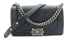 CHANEL Boy Grained Calfskin Chain Shoulder Bag Black Quilted Flap p96 hannari-shop