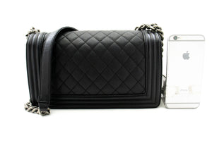 CHANEL Boy Grained Calfskin Chain Shoulder Bag Black Quilted Flap p96 hannari-shop