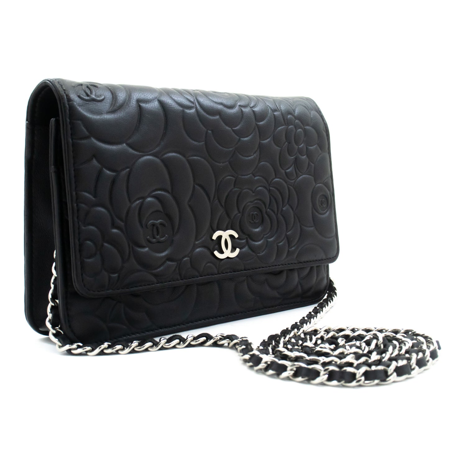 CHANEL Zwarte Camellia Gegraveerde Wallet On Chain WOC Schoudertas ab6 hannari-shop