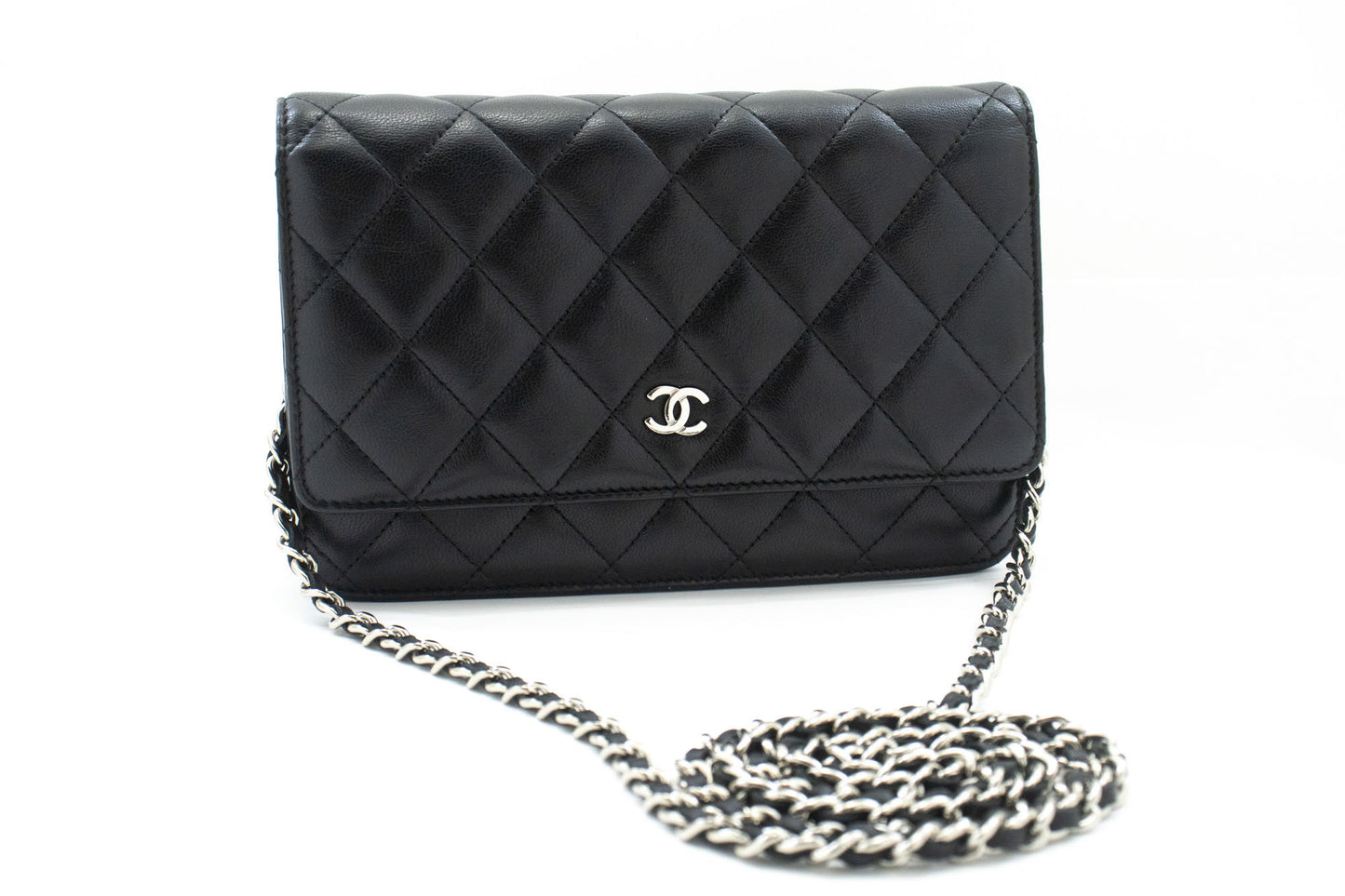 CHANEL Zwarte Classic Wallet On Chain WOC Schoudertas Lamsleer ab8 hannari-shop