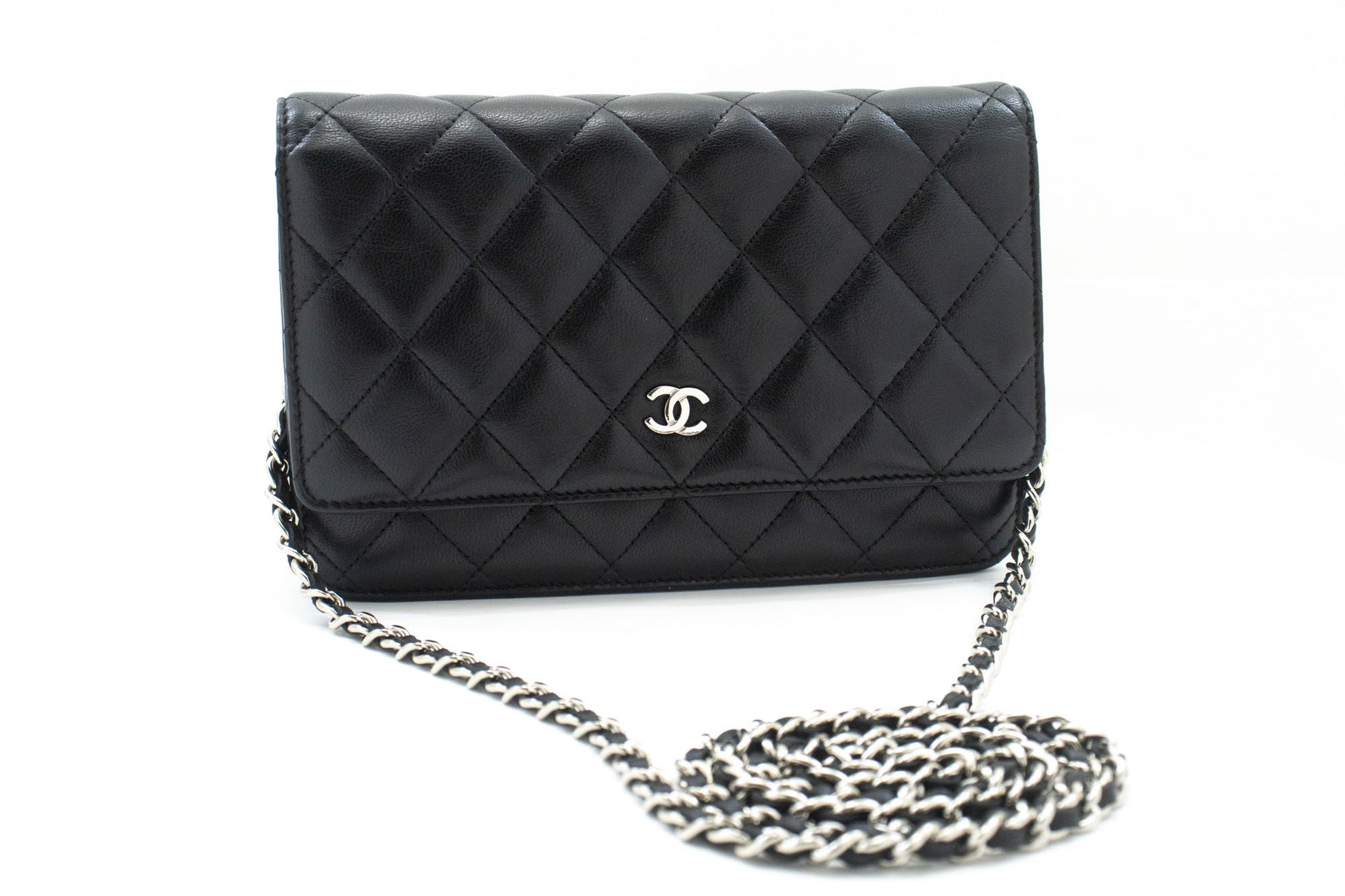 CHANEL Zwarte Classic Wallet On Chain WOC Schoudertas Lamsleer ab8 hannari-shop