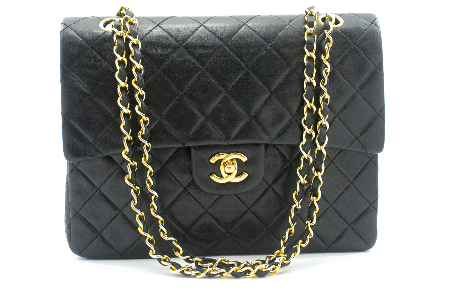 CHANEL Classic Double Flap Square Chain Shoulder Bag Black Lamb ad7 hannari-shop