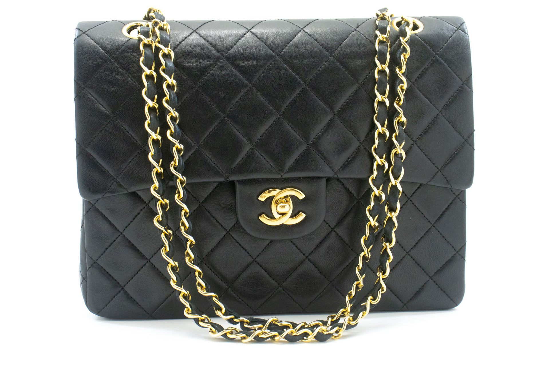 CHANEL Classic Double Flap Square Chain Shoulder Bag Black Lamb ad7 hannari-shop