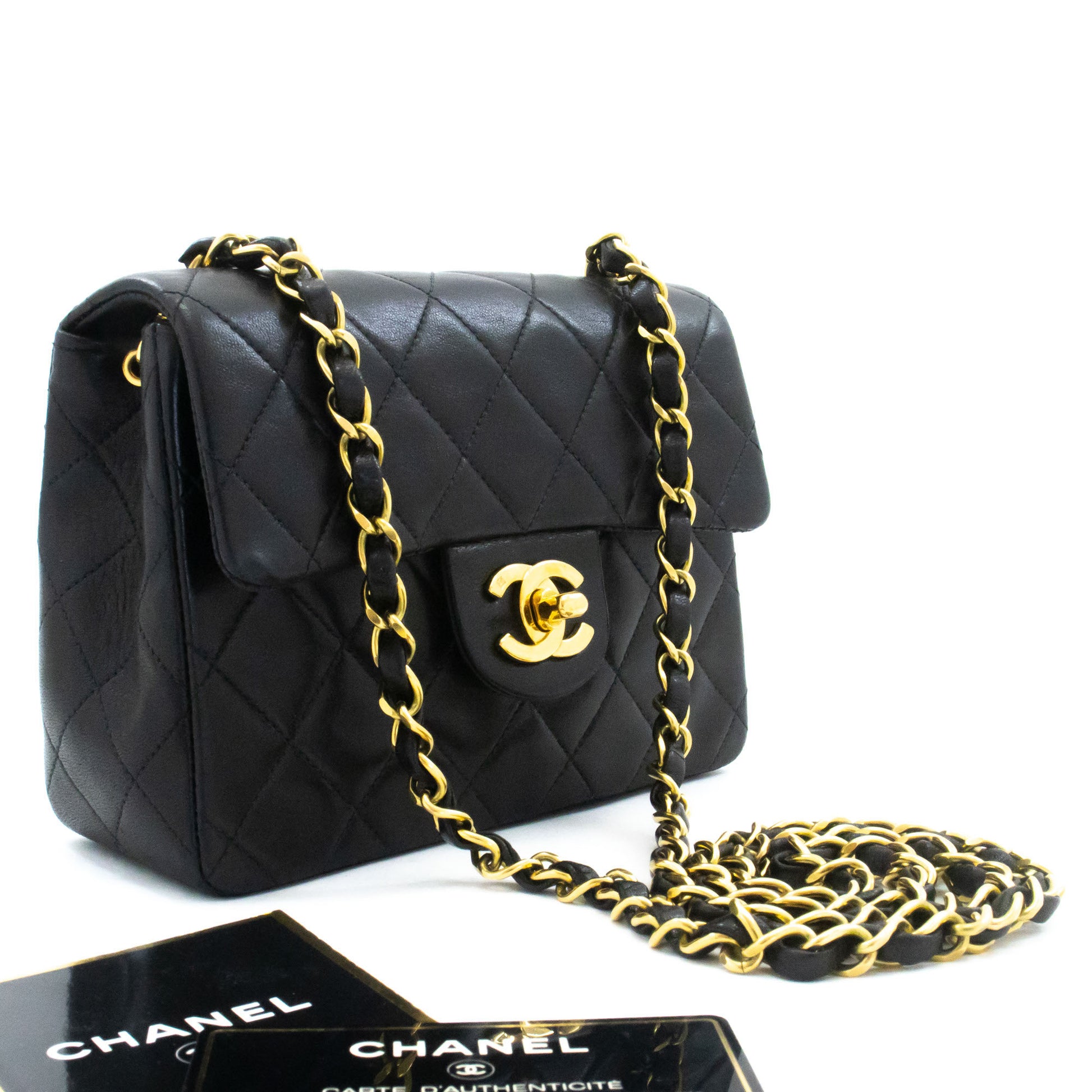 CHANEL Mini Square Small Chain Shoulder Bag Crossbody Black Lamb af1 hannari-shop