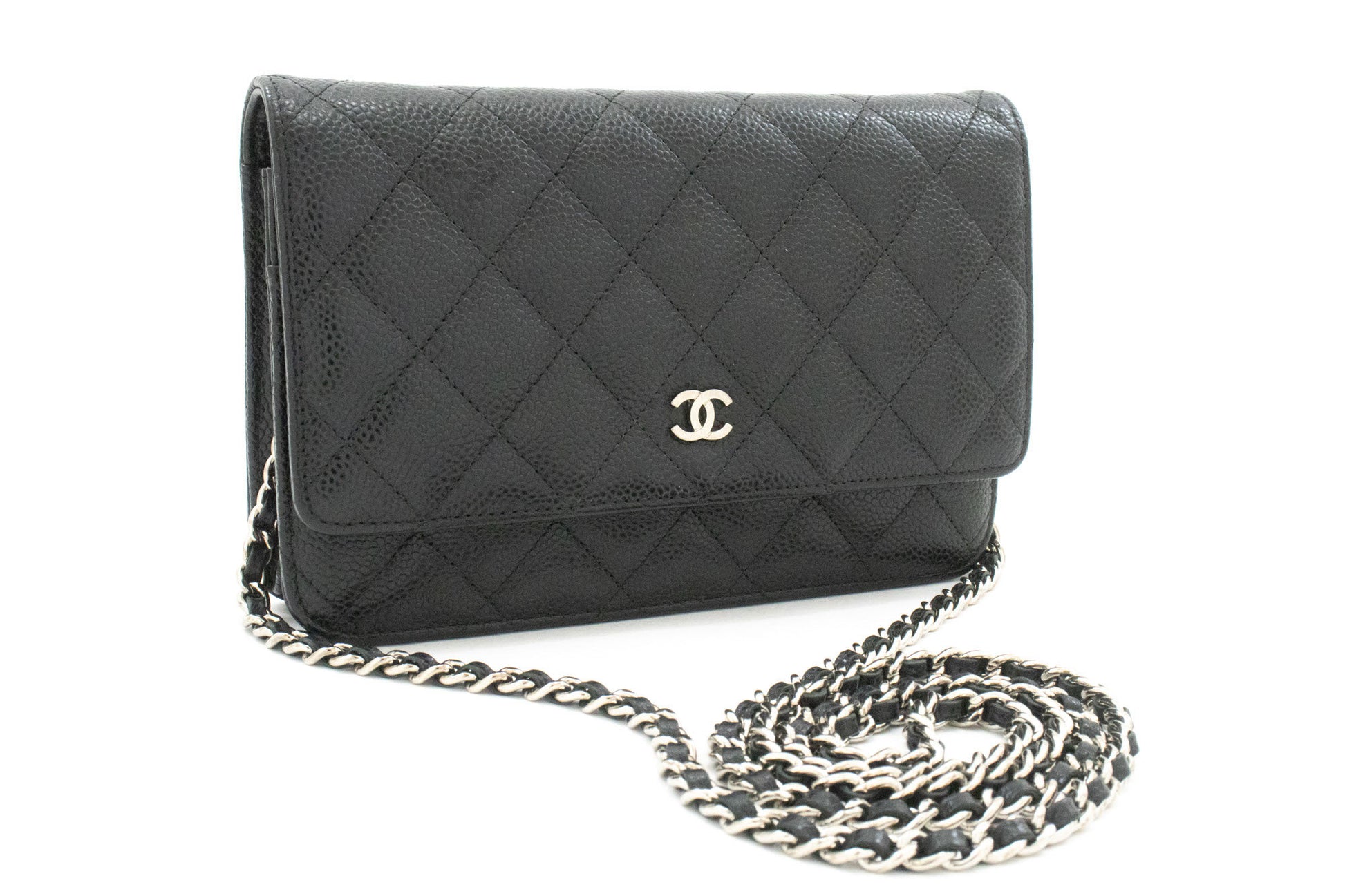 CHANEL Grained Calfskin Wallet On Chain WOC Black Shoulder Bag af7 hannari-shop