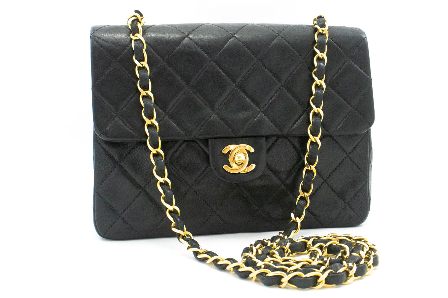 CHANEL Mini Square Small Chain Shoulder Bag Crossbody Black Lamb ag3 hannari-shop