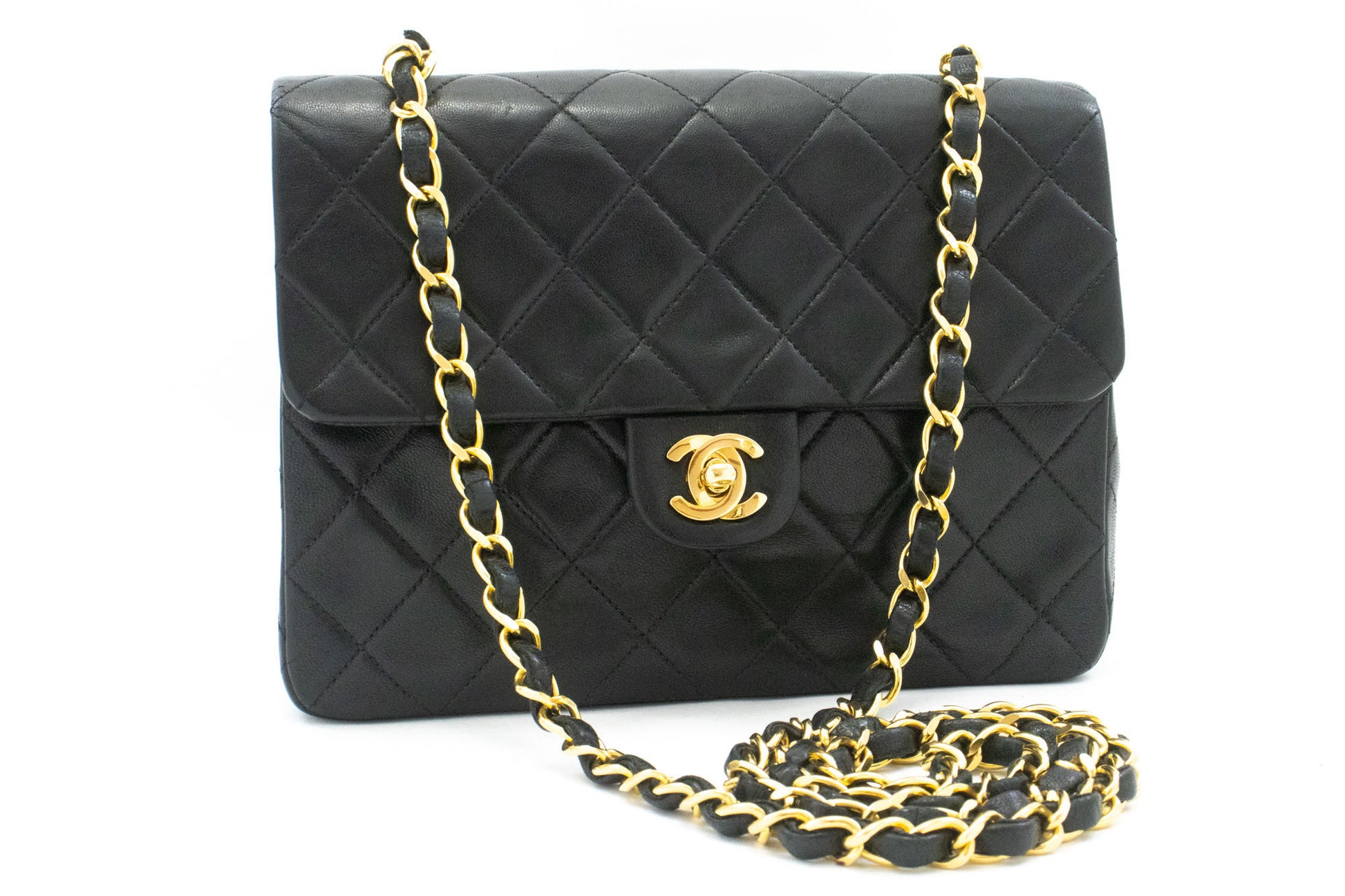 CHANEL Mini Square Small Chain Shoulder Bag Crossbody Black Lamb ag3 hannari-shop