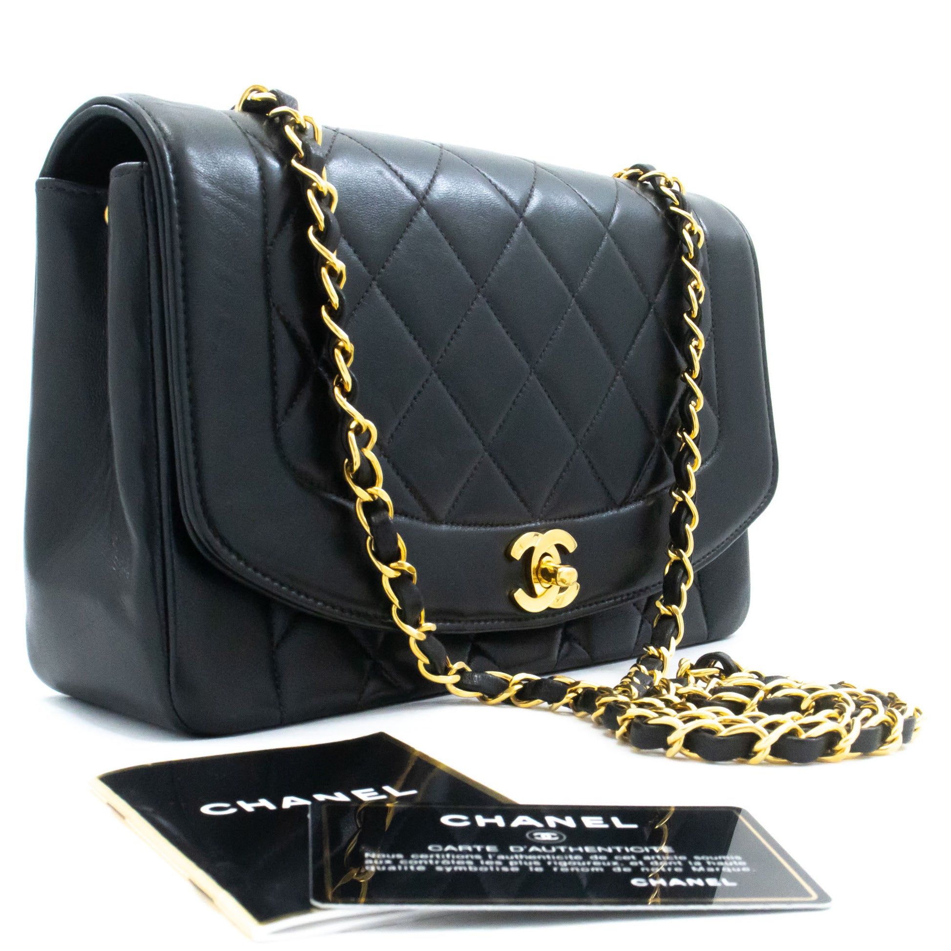 CHANEL Diana Flap Chain Schoudertas Zwart Gewatteerd Lamsleer Portemonnee ah2 hannari-shop
