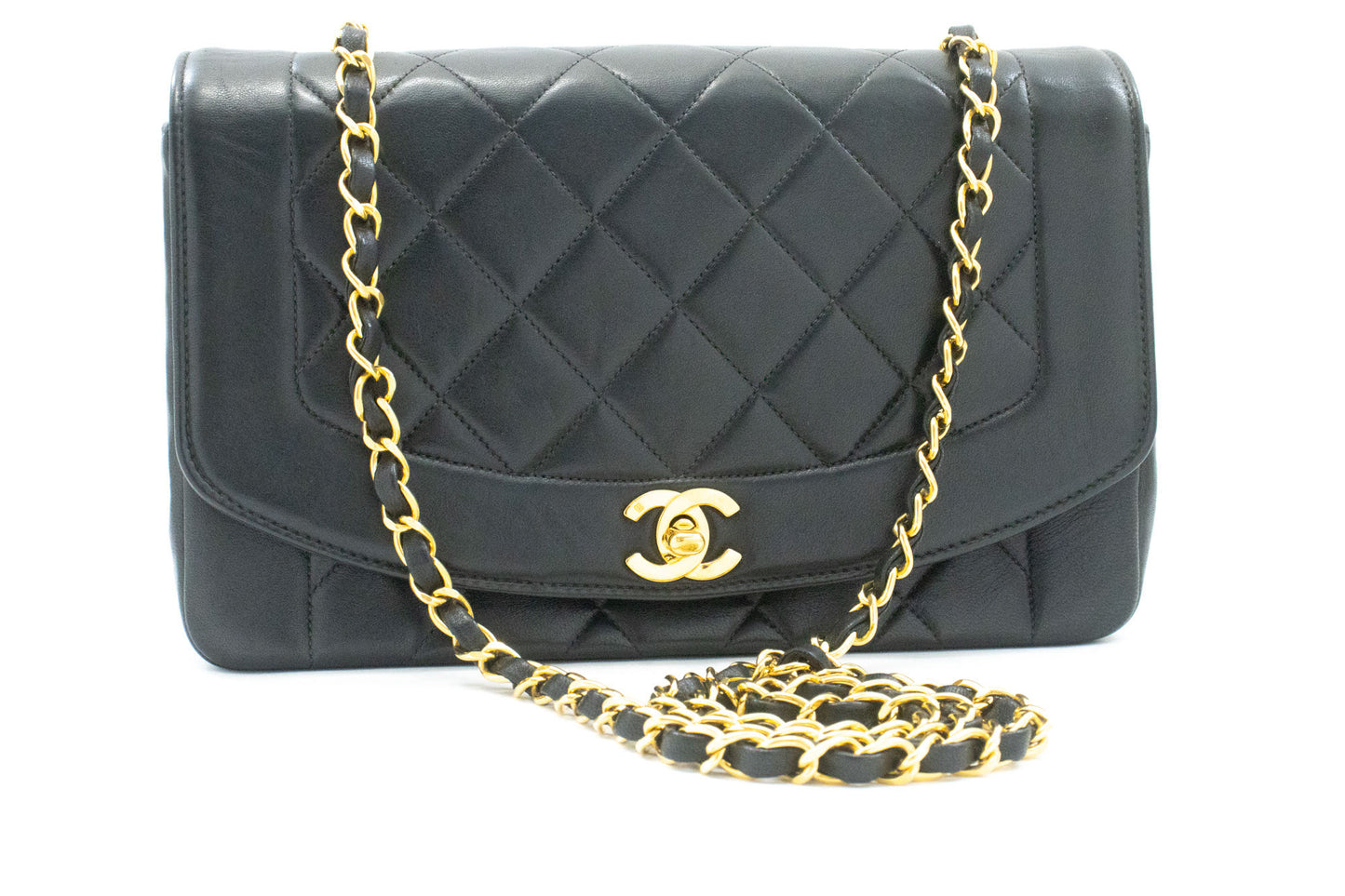 CHANEL Diana Flap Chain Schoudertas Zwart Gewatteerd Lamsleer Portemonnee ah2 hannari-shop