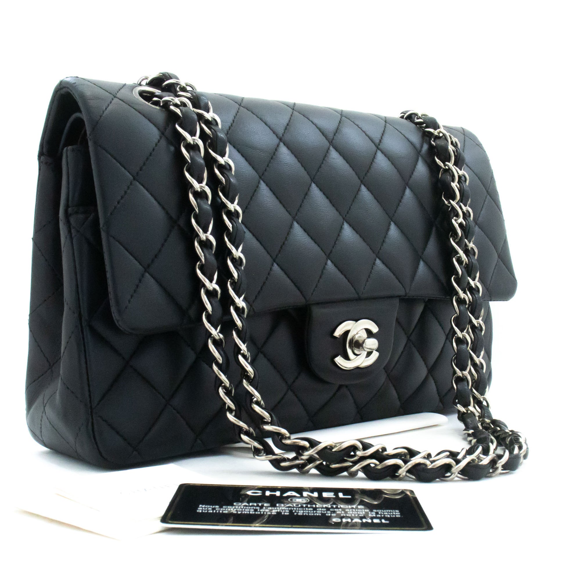 CHANEL Classic Double Flap 10" Zilveren Ketting Schoudertas Zwart ai1 hannari-shop