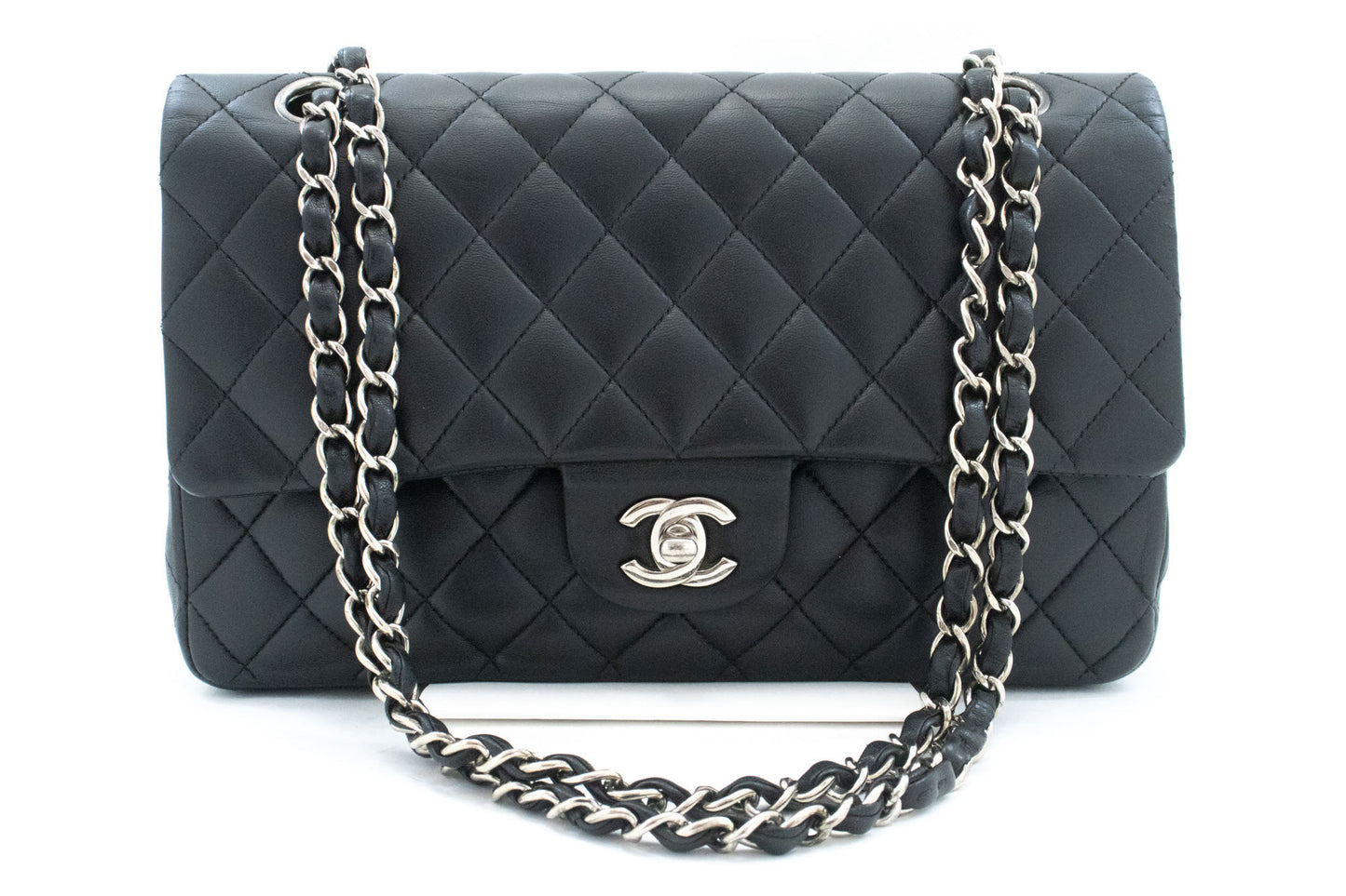 CHANEL Classic Double Flap 10" Zilveren Ketting Schoudertas Zwart ai1 hannari-shop