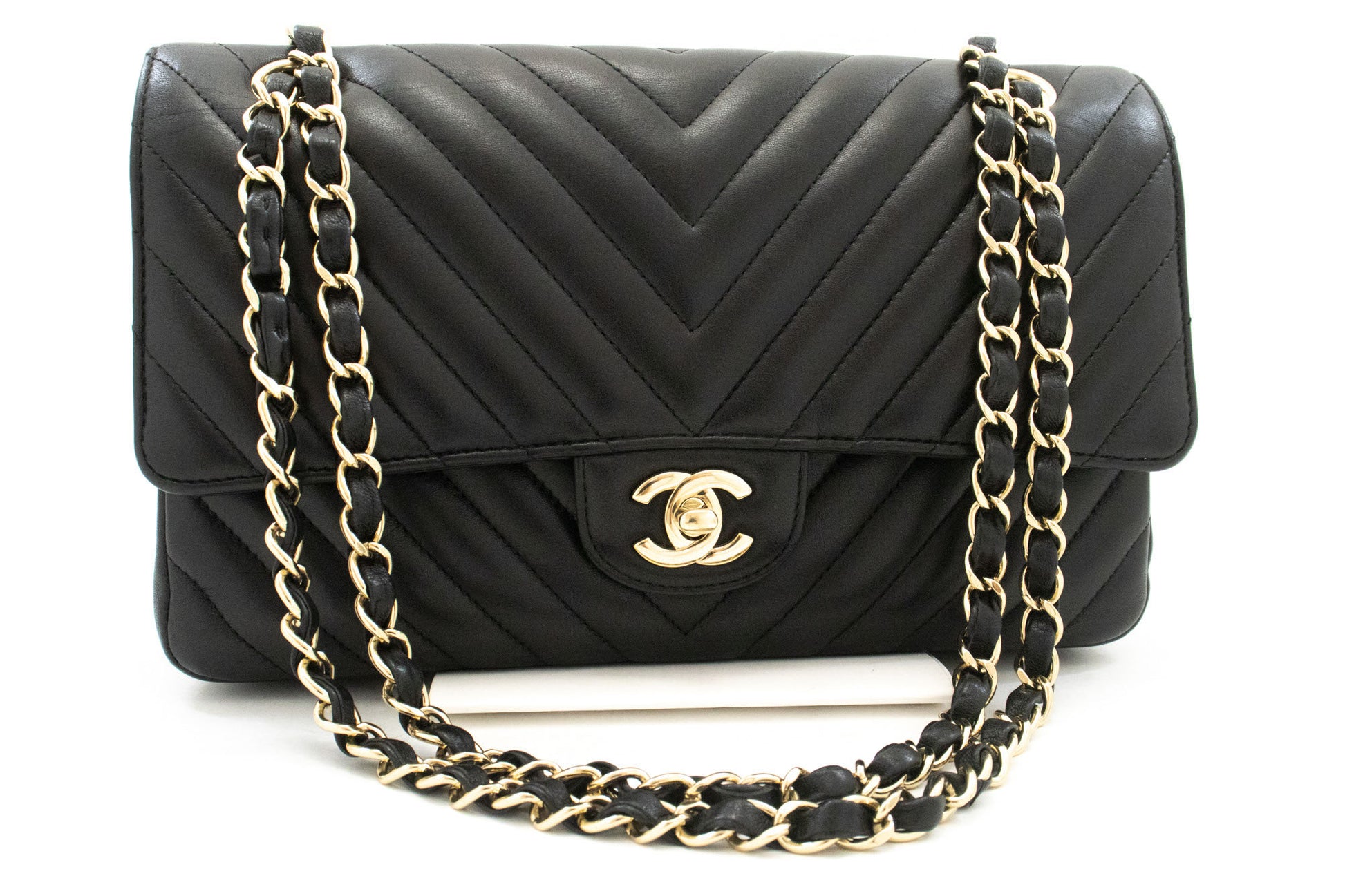 CHANEL V-Stitch Double Flap 10" Chain Shoulder Bag Black Lambskin ai5 hannari-shop