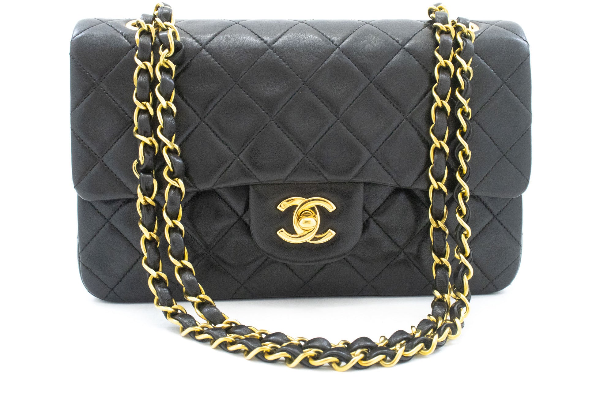 CHANEL Classic Double Flap 9" Chain Shoulder Bag Black Lambskin ai4 hannari-shop