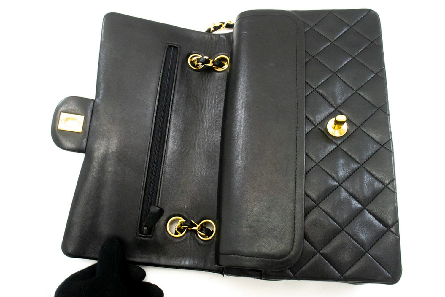 CHANEL Classic Double Flap 10" Chain Shoulder Bag Black Lambskin ak9 hannari-shop