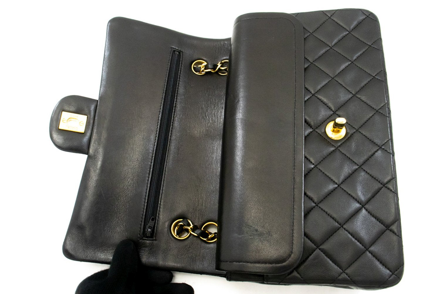 CHANEL Classic Double Flap 10" Chain Shoulder Bag Black Lambskin ak7 hannari-shop