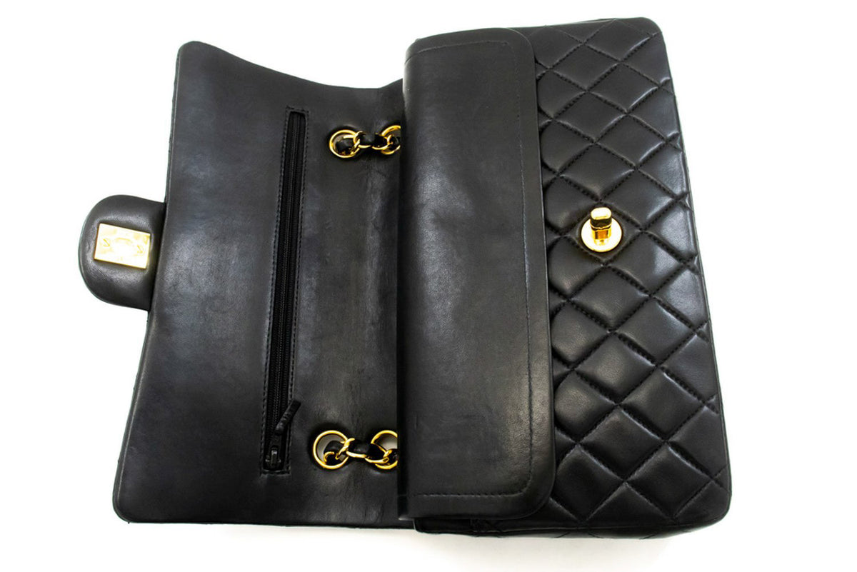 CHANEL Classic Double Flap 10" Chain Shoulder Bag Black Lambskin an1 hannari-shop