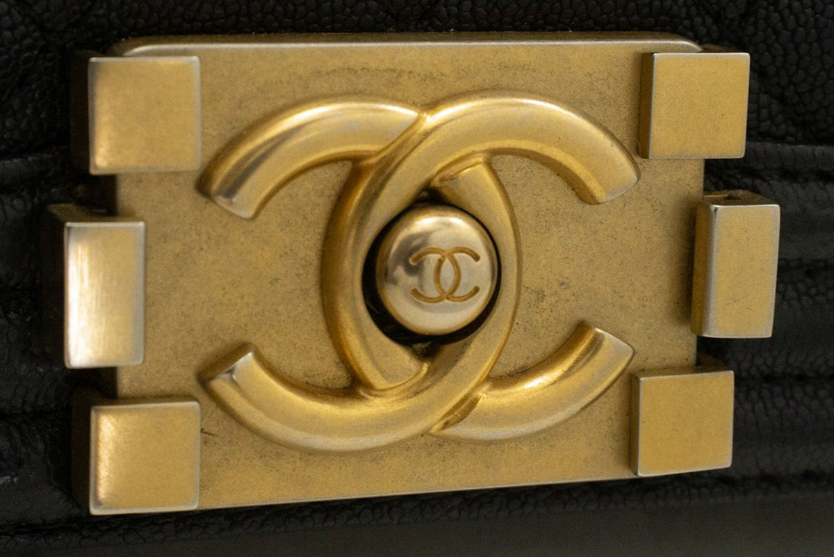 CHANEL Boy Grained Calfskin Chain Shoulder Bag Black Quilted Gold an7 hannari-shop