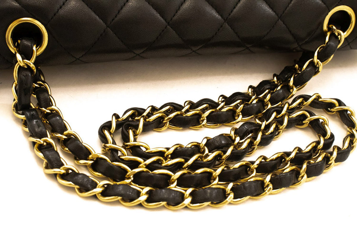 CHANEL Classic Double Flap 10" Chain Shoulder Bag Zwart lamsleer aq1 — flap geopend hannari-shop