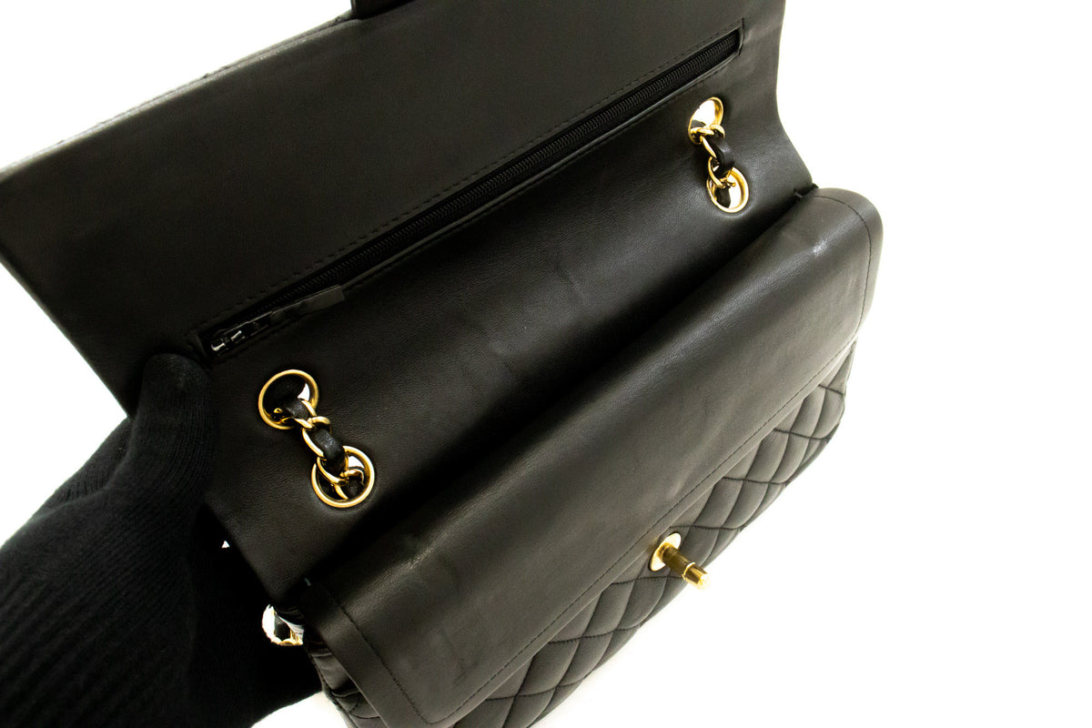 CHANEL Classic Double Flap 10" Chain Shoulder Bag Zwart lamsleer aq1 hannari-shop