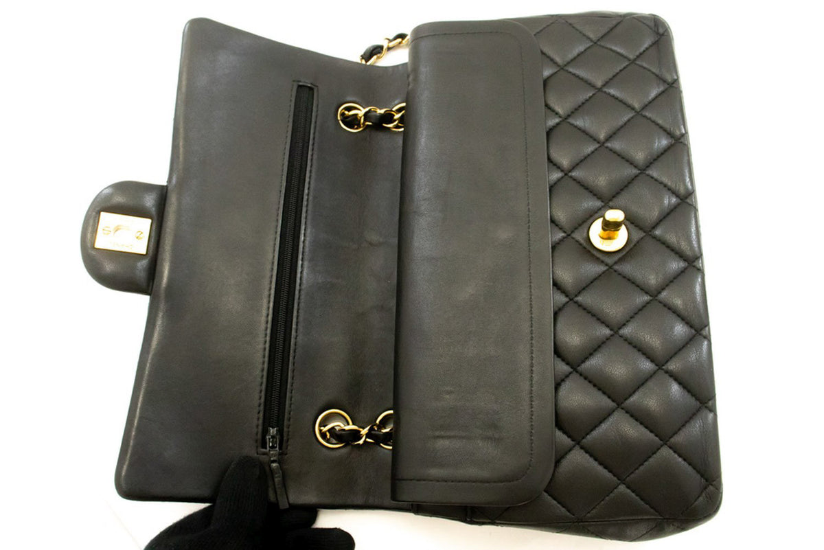 CHANEL Classic Double Flap 10" Chain Shoulder Bag Zwart lamsleer aq1 hannari-shop